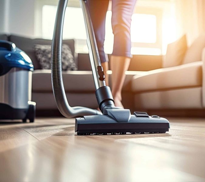 Woman cleaning floor with vacuum cleaner, close up, generative ai